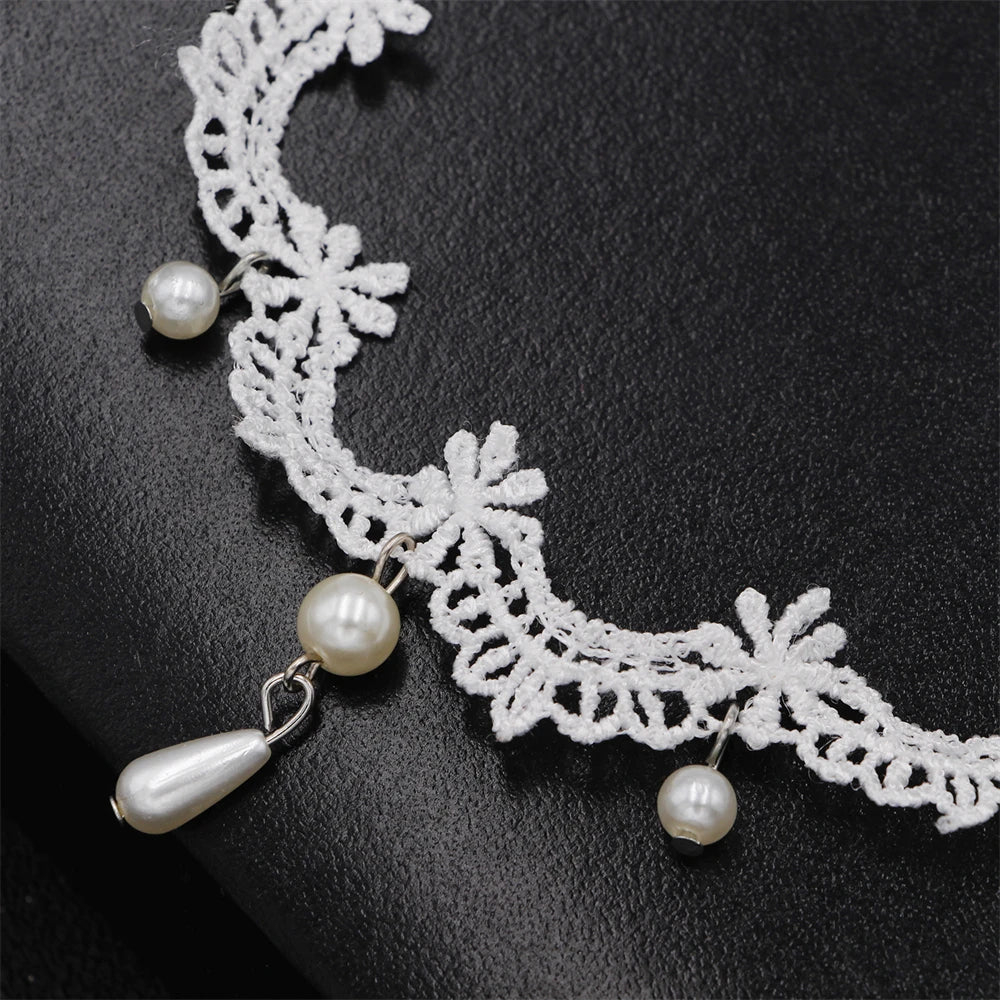 White Lace Pearl Collar Necklace For Women Girl Elegant Sweet Lace Choker Necklace Kpop Neck Jewelry Accessories Gift