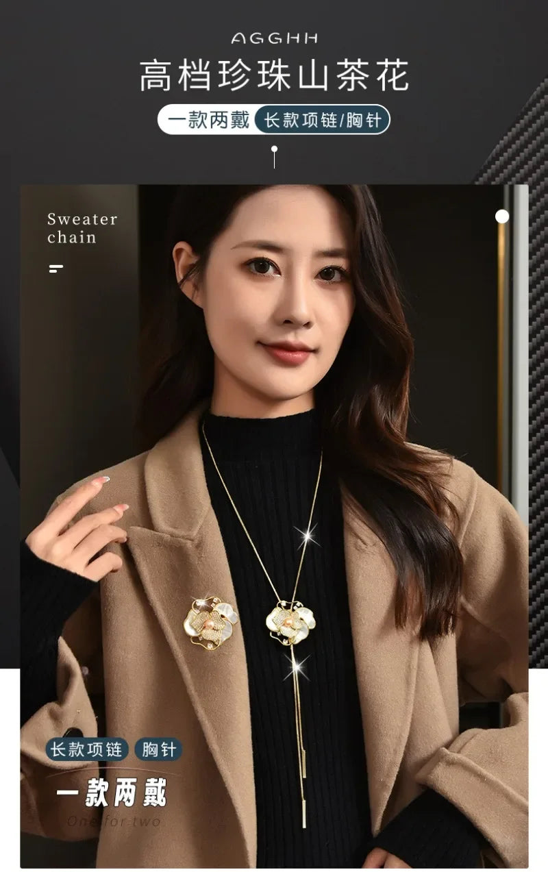 Women with long necklaces and camellias and roses, sweater chains and brooches, fashionable clothing necklaces, retro necklaces