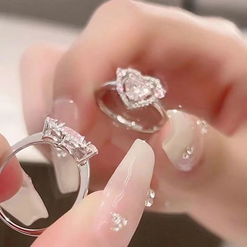 Korean Fashion Exquisite Purple Zircon Heart Star Ring Y2K Girls Pink Crystal Bow Knot Ring Women Party Dating Jewelry Gifts