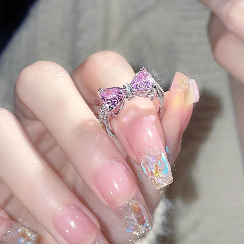 Fashion Romantic Sweet Zircon Crystal Bow Knot Rings Y2K Girls Women Delicate Lovely Blue Pink Heart Ring Party Dating Jewelry