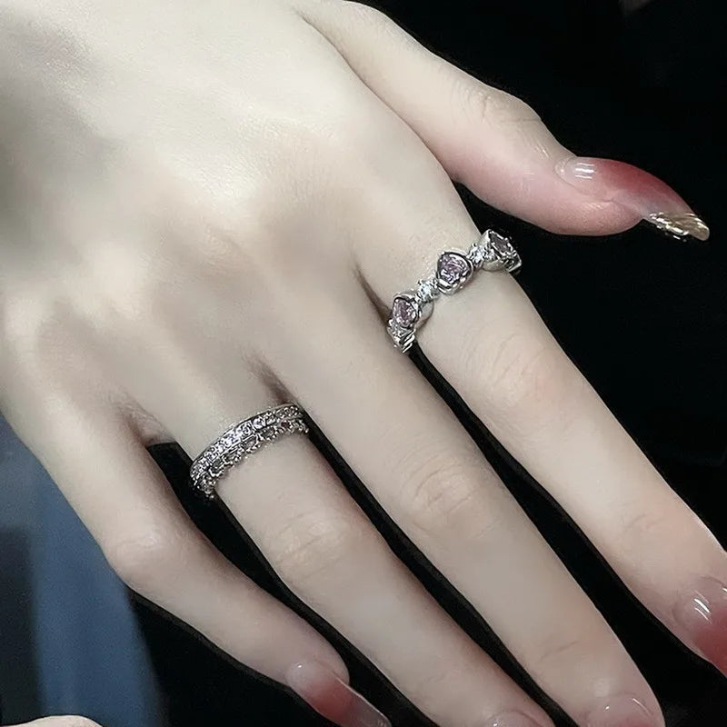 Korean Fashion Exquisite Purple Zircon Heart Star Ring Y2K Girls Pink Crystal Bow Knot Ring Women Party Dating Jewelry Gifts