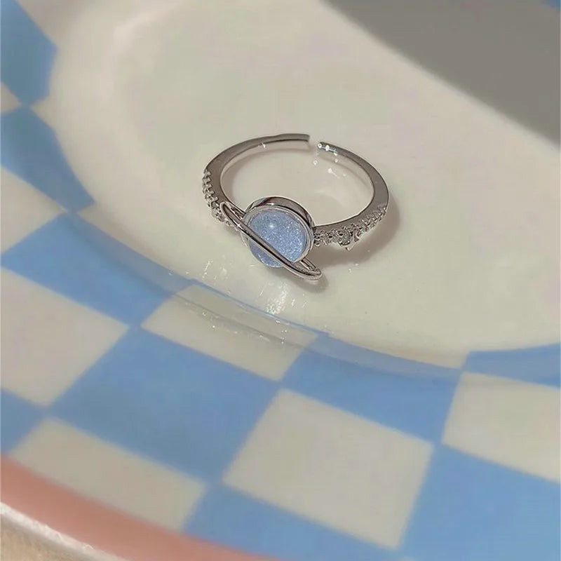Fashion Romantic Sweet Zircon Crystal Bow Knot Rings Y2K Girls Women Delicate Lovely Blue Pink Heart Ring Party Dating Jewelry