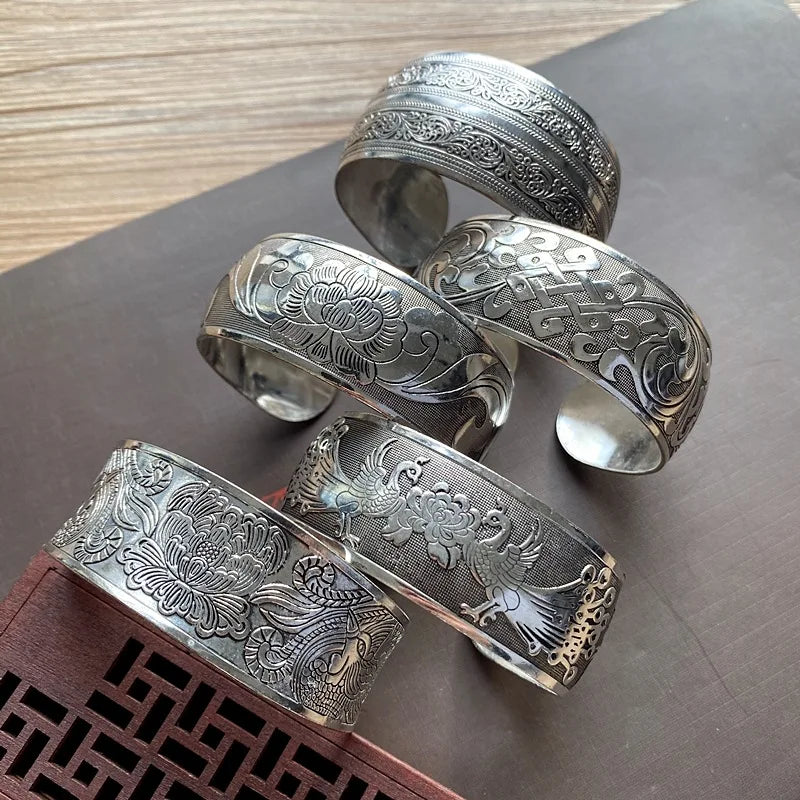 Bohemian Ethnic Style Retro Silver Wide Bracelet for Women Carved Flower Opening Fashionable Bracelet Boho Vintage Jewelry