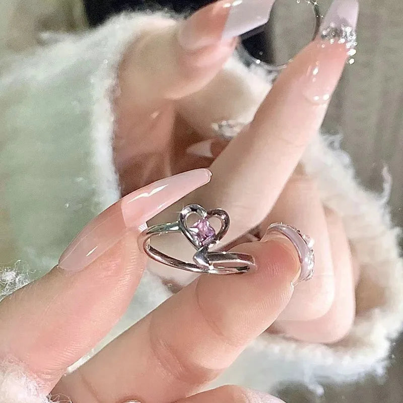 Korean Fashion Exquisite Purple Zircon Heart Star Ring Y2K Girls Pink Crystal Bow Knot Ring Women Party Dating Jewelry Gifts