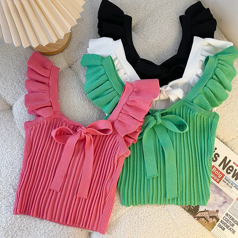 ELASTIC WAIST RUFFLE KNITED TANK TOP