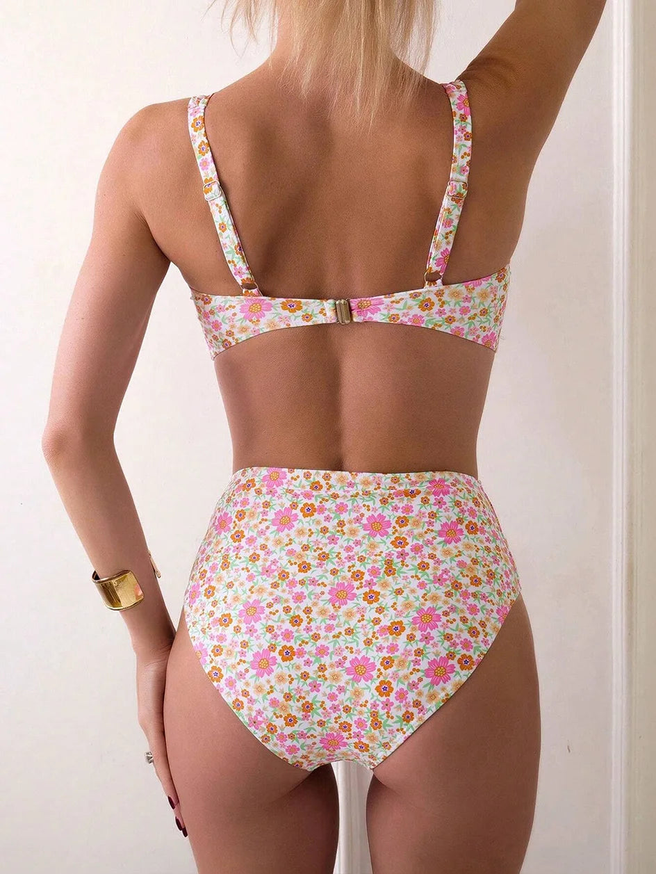 FLORAL PRINT HIGH WAISTED TWO PIECE BEACHWEAR