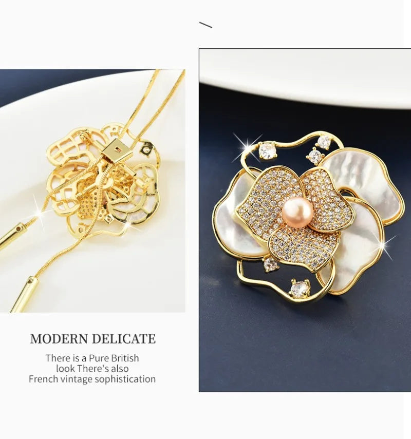 Women with long necklaces and camellias and roses, sweater chains and brooches, fashionable clothing necklaces, retro necklaces