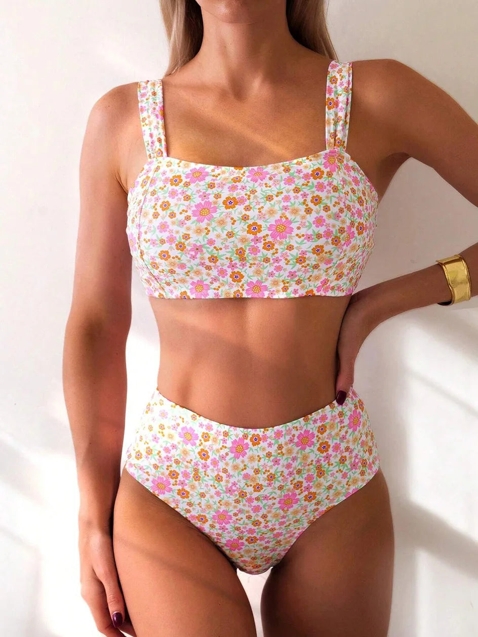 FLORAL PRINT HIGH WAISTED TWO PIECE BEACHWEAR