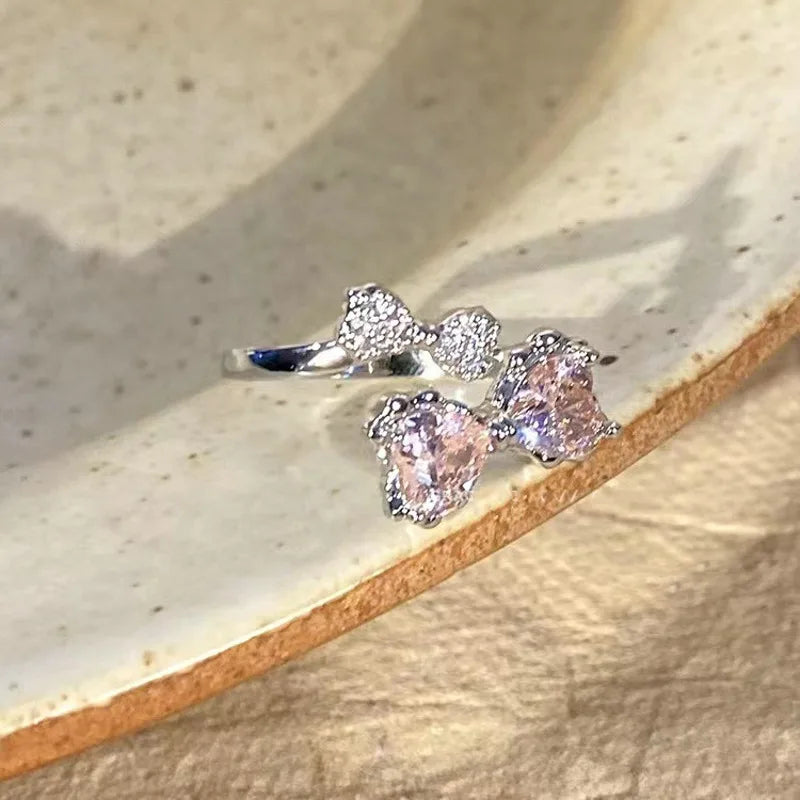 Korean Fashion Exquisite Purple Zircon Heart Star Ring Y2K Girls Pink Crystal Bow Knot Ring Women Party Dating Jewelry Gifts