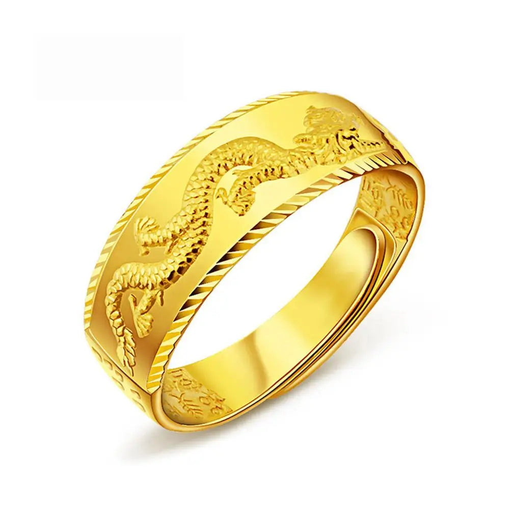 24k Gold for Man Luxury Engraving Dragon Adjustable Fashion Jewelry Male Two Color Yellow/White Gold Finger Gift C2S3