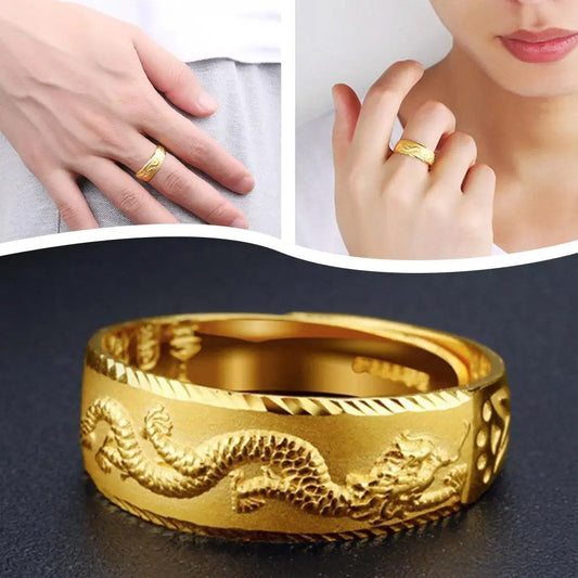 24k Gold for Man Luxury Engraving Dragon Adjustable Fashion Jewelry Male Two Color Yellow/White Gold Finger Gift C2S3