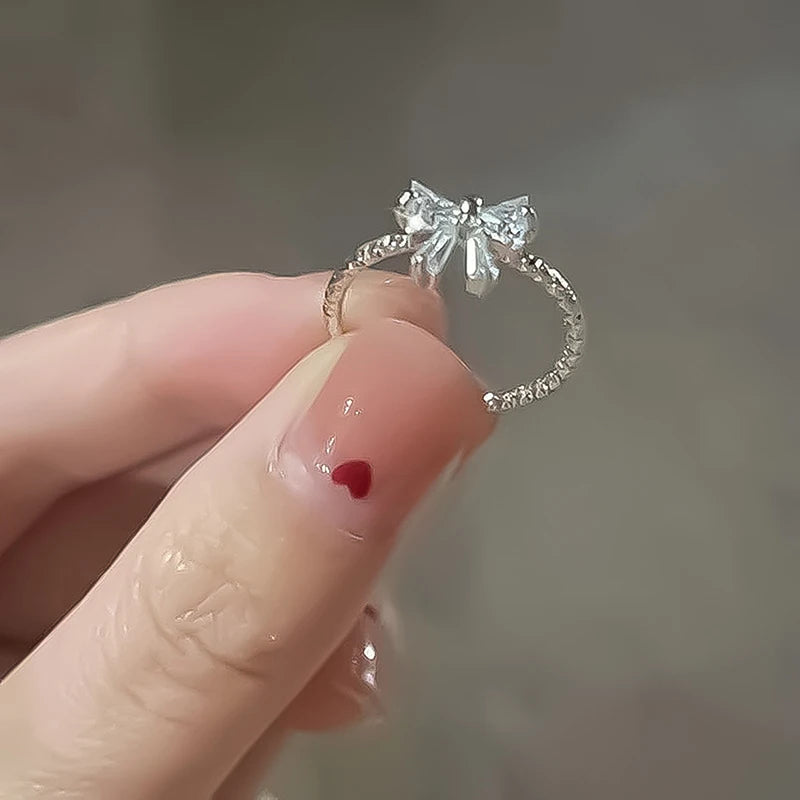 Fashion Romantic Sweet Zircon Crystal Bow Knot Rings Y2K Girls Women Delicate Lovely Blue Pink Heart Ring Party Dating Jewelry