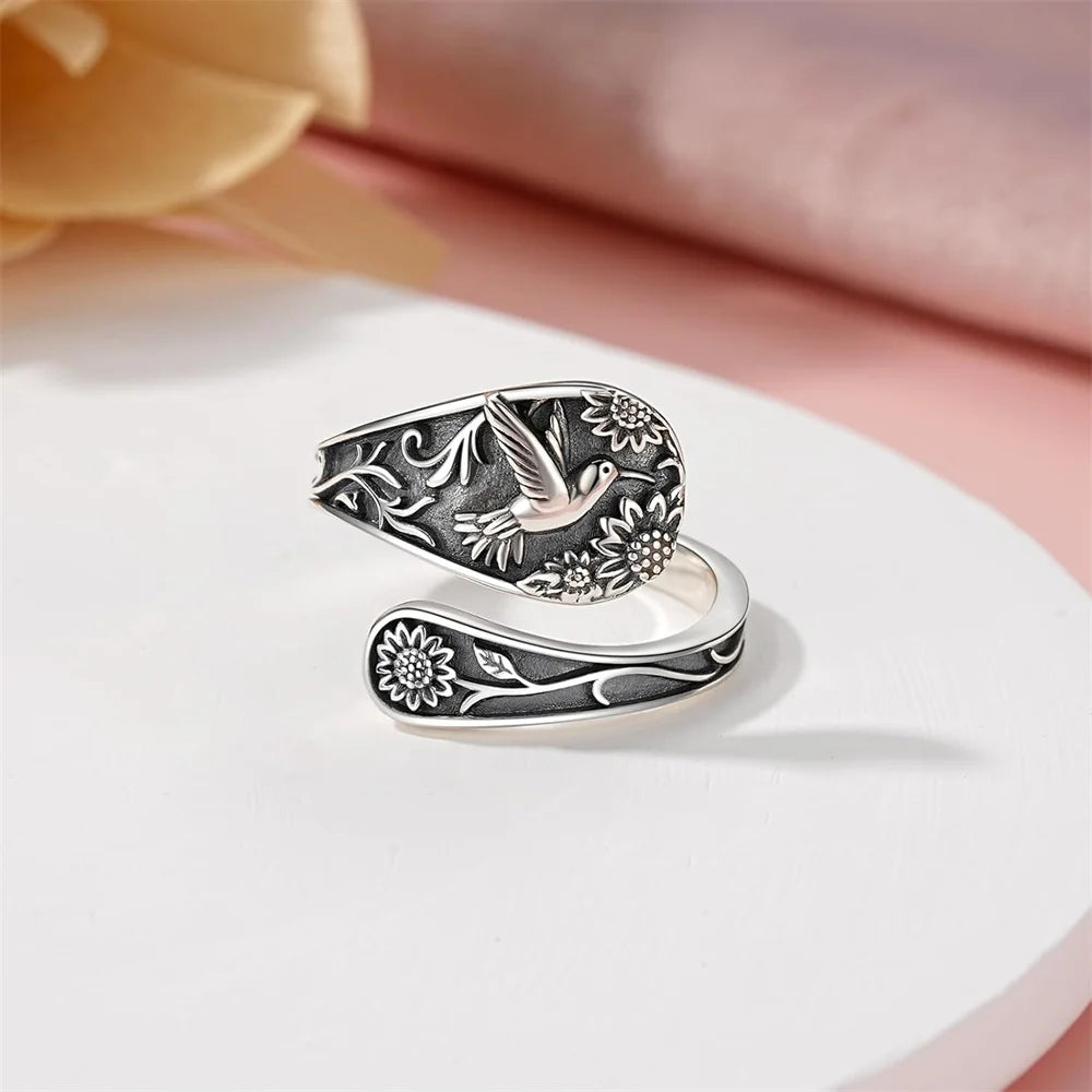 Hummingbird Sunflower Pattern Ring Bird Open Ring for Women Men Sterling Silver Adjustable Rings Party Wedding Jewelry Gifts