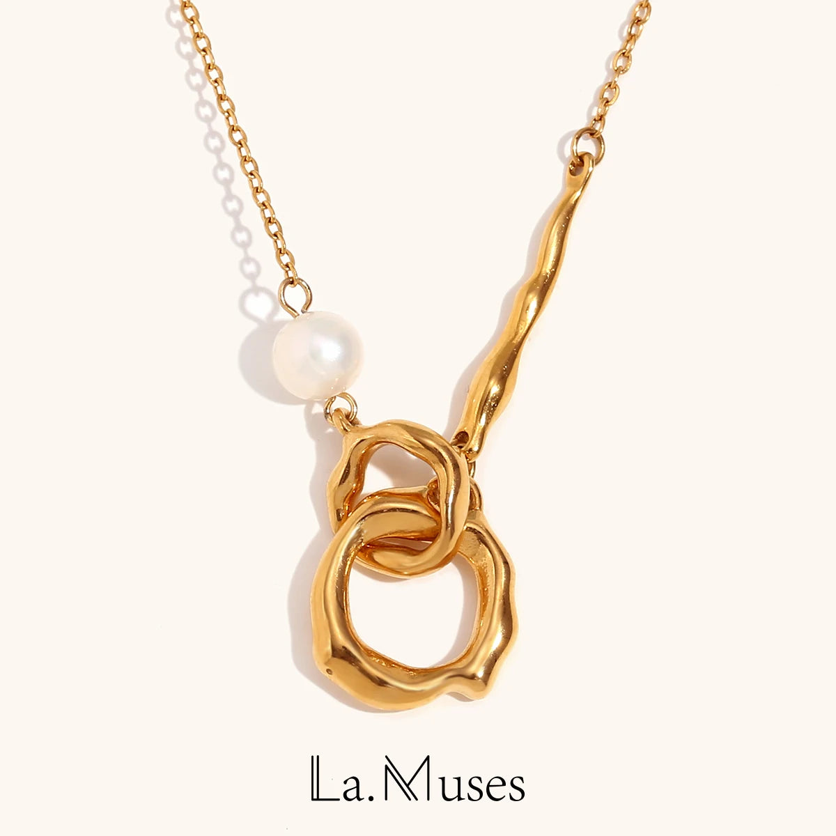 La.Muses Unique Liquid Circle Freshwater Pearl Left And Right Asymmetric Chain Necklaces For Women Stainless Steel Jewelry