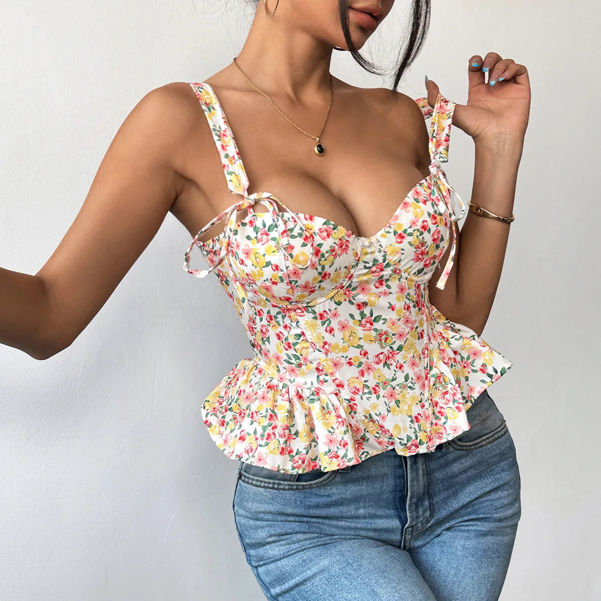 FLORAL PRINT LACE UP TANK TOP