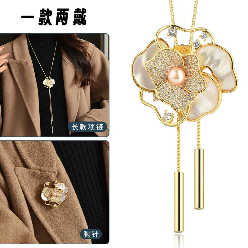 Women with long necklaces and camellias and roses, sweater chains and brooches, fashionable clothing necklaces, retro necklaces