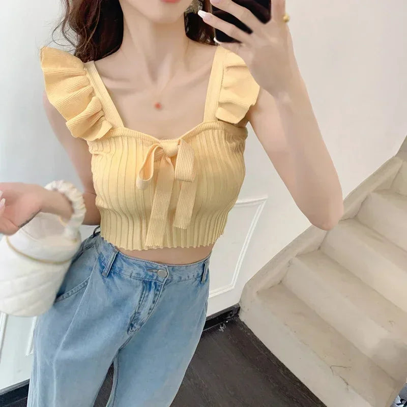 ELASTIC WAIST RUFFLE KNITED TANK TOP