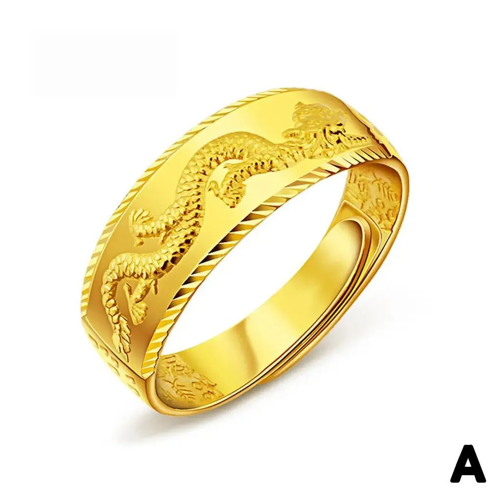 24k Gold for Man Luxury Engraving Dragon Adjustable Fashion Jewelry Male Two Color Yellow/White Gold Finger Gift C2S3