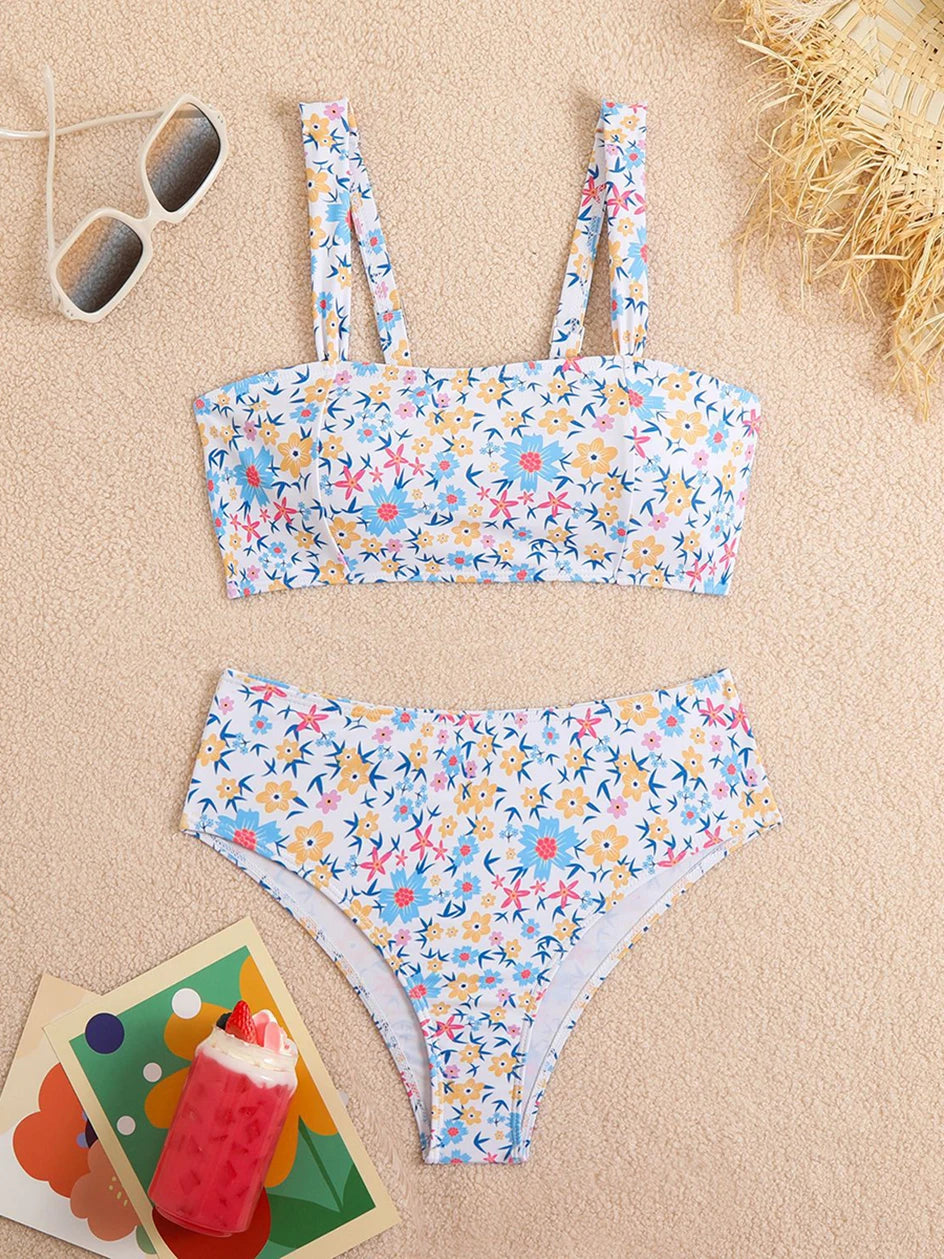 FLORAL PRINT HIGH WAISTED TWO PIECE BEACHWEAR