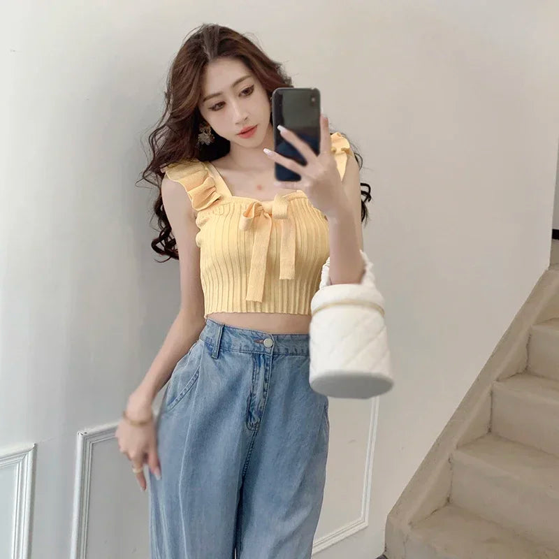 ELASTIC WAIST RUFFLE KNITED TANK TOP