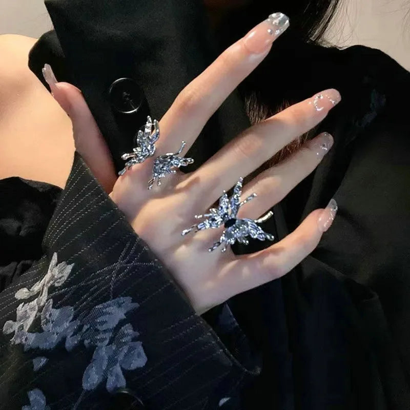 Fashion Romantic Sweet Zircon Crystal Bow Knot Rings Y2K Girls Women Delicate Lovely Blue Pink Heart Ring Party Dating Jewelry