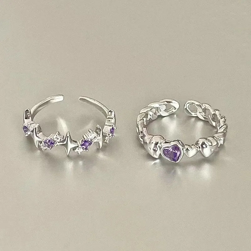 Korean Fashion Exquisite Purple Zircon Heart Star Ring Y2K Girls Pink Crystal Bow Knot Ring Women Party Dating Jewelry Gifts