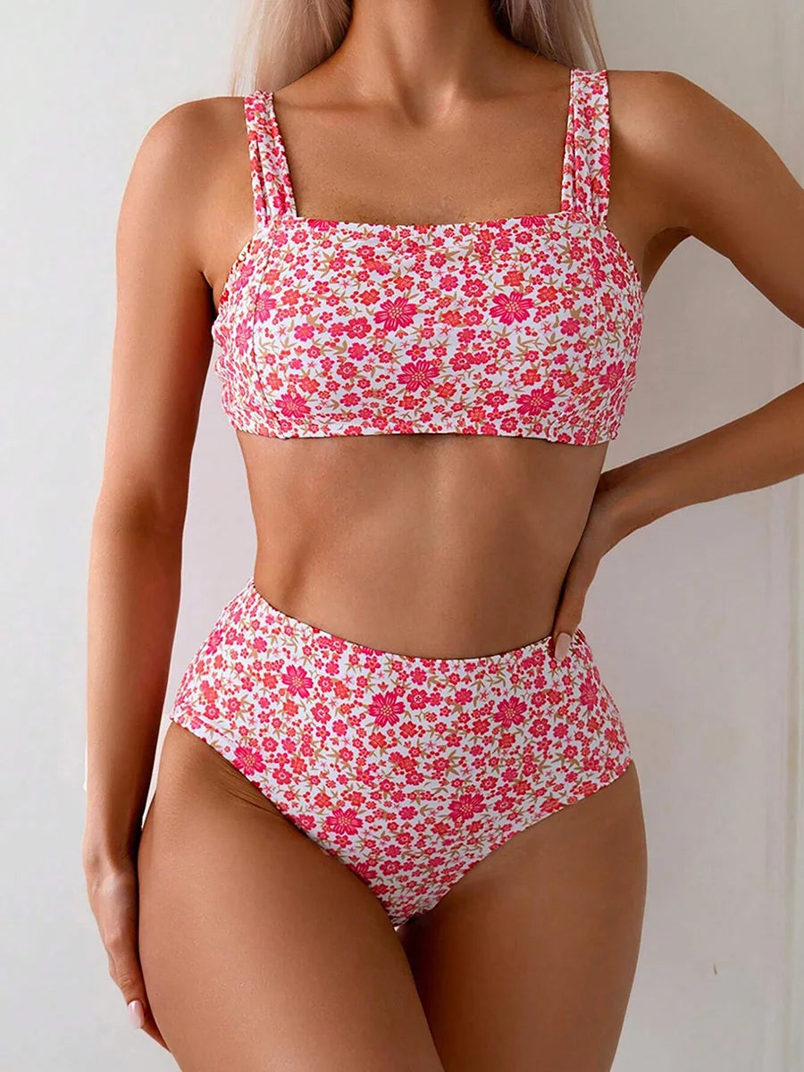 FLORAL PRINT HIGH WAISTED TWO PIECE BEACHWEAR
