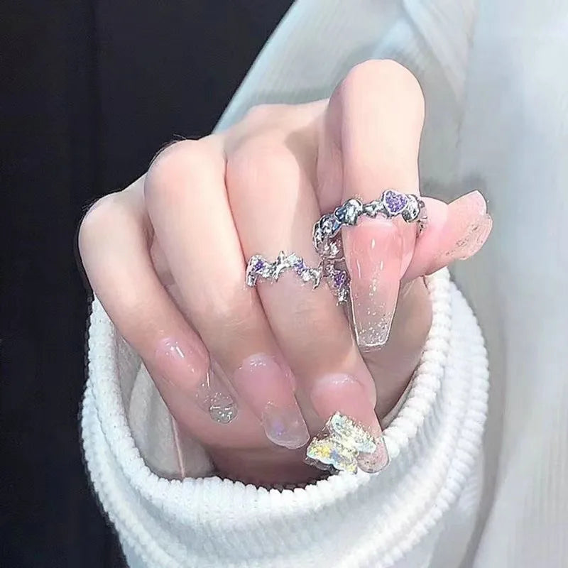 Korean Fashion Exquisite Purple Zircon Heart Star Ring Y2K Girls Pink Crystal Bow Knot Ring Women Party Dating Jewelry Gifts