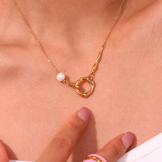 La.Muses Unique Liquid Circle Freshwater Pearl Left And Right Asymmetric Chain Necklaces For Women Stainless Steel Jewelry