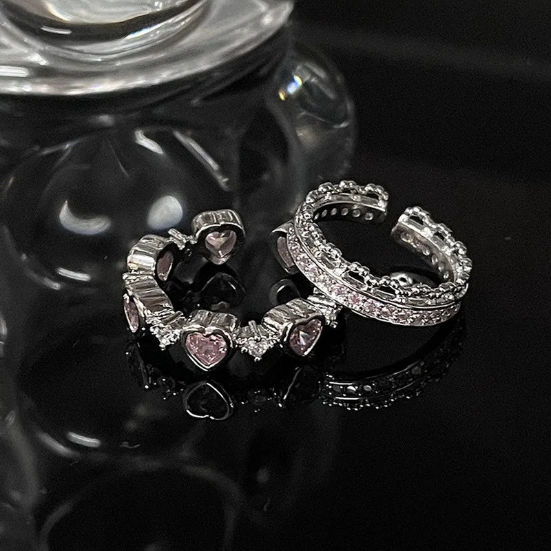Fashion Romantic Sweet Zircon Crystal Bow Knot Rings Y2K Girls Women Delicate Lovely Blue Pink Heart Ring Party Dating Jewelry
