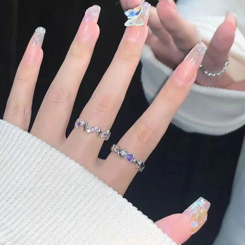 Korean Fashion Exquisite Purple Zircon Heart Star Ring Y2K Girls Pink Crystal Bow Knot Ring Women Party Dating Jewelry Gifts