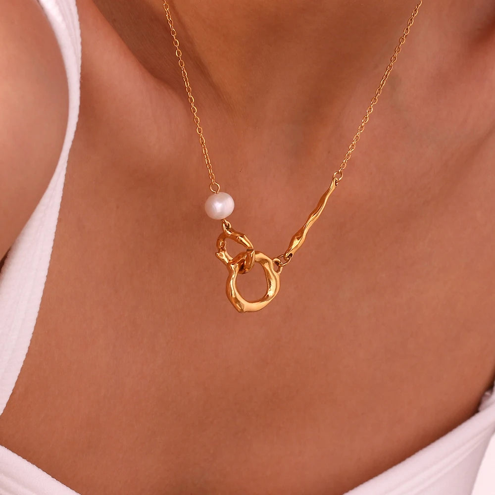 La.Muses Unique Liquid Circle Freshwater Pearl Left And Right Asymmetric Chain Necklaces For Women Stainless Steel Jewelry