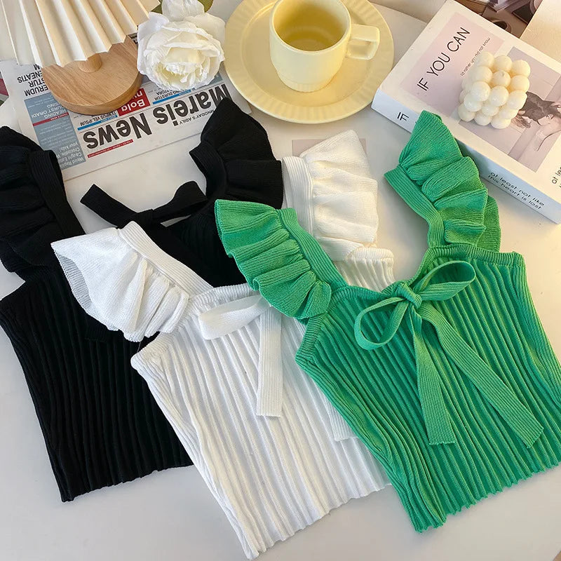 ELASTIC WAIST RUFFLE KNITED TANK TOP