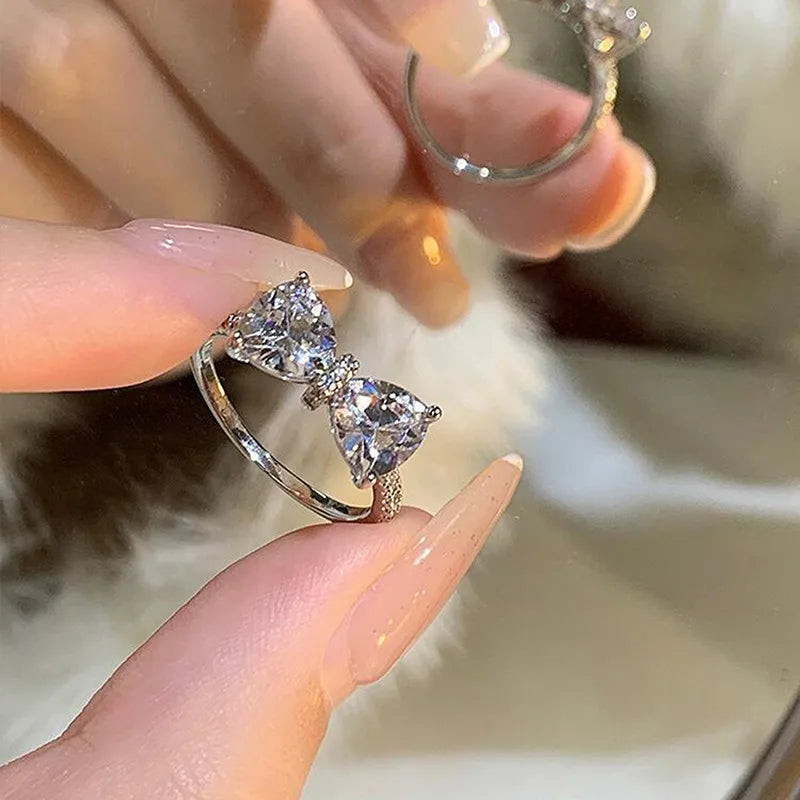 Fashion Romantic Sweet Zircon Crystal Bow Knot Rings Y2K Girls Women Delicate Lovely Blue Pink Heart Ring Party Dating Jewelry