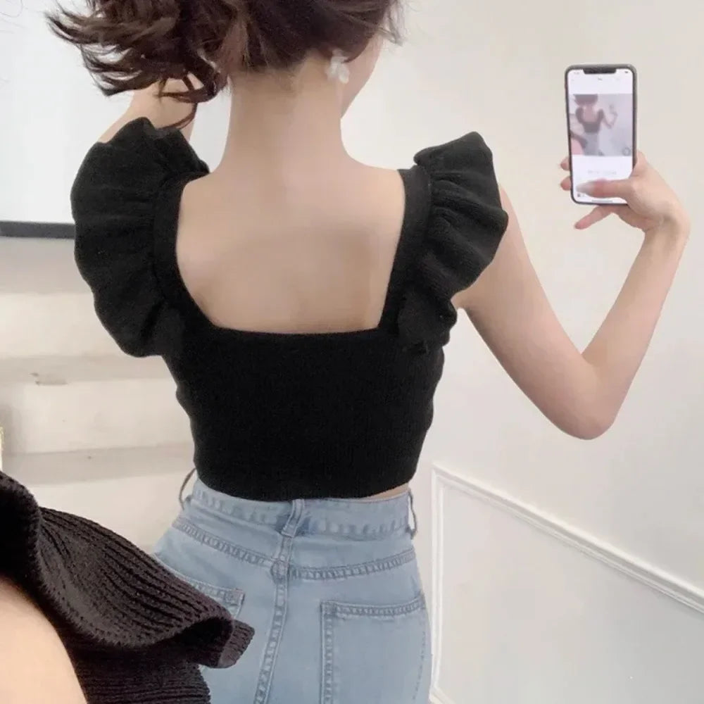ELASTIC WAIST RUFFLE KNITED TANK TOP