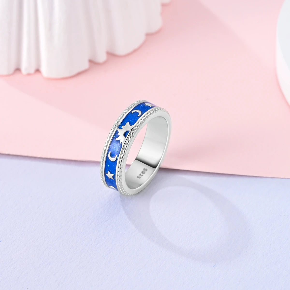 Sterling Silver 925 Star Moon Sun Liquid Galaxy Heart Ring Geometric Lines Ring for Women's High-end Fine Jewelry Wedding Gift