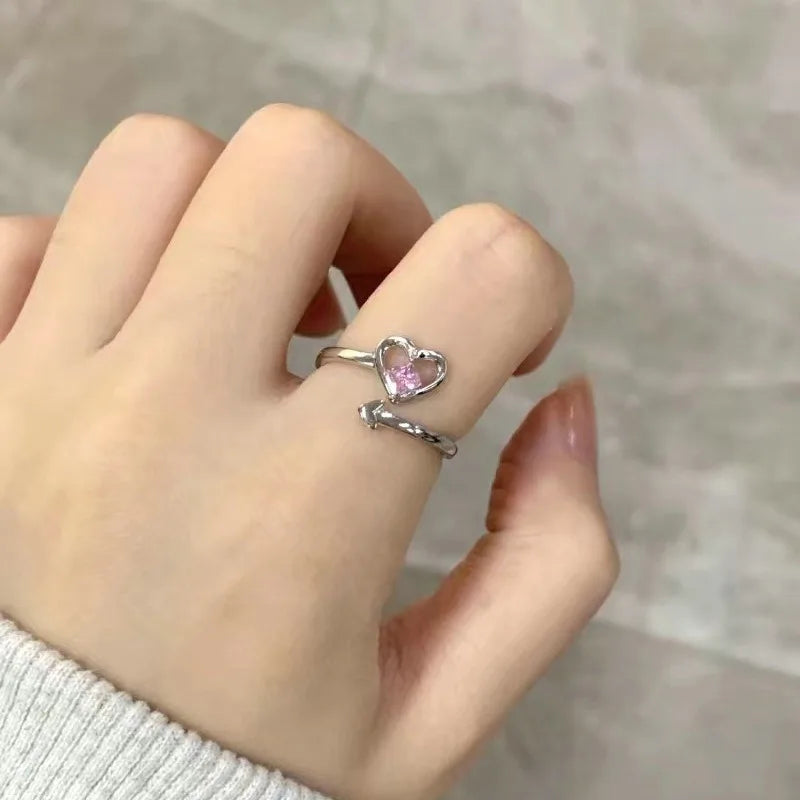 Fashion Romantic Sweet Zircon Crystal Bow Knot Rings Y2K Girls Women Delicate Lovely Blue Pink Heart Ring Party Dating Jewelry