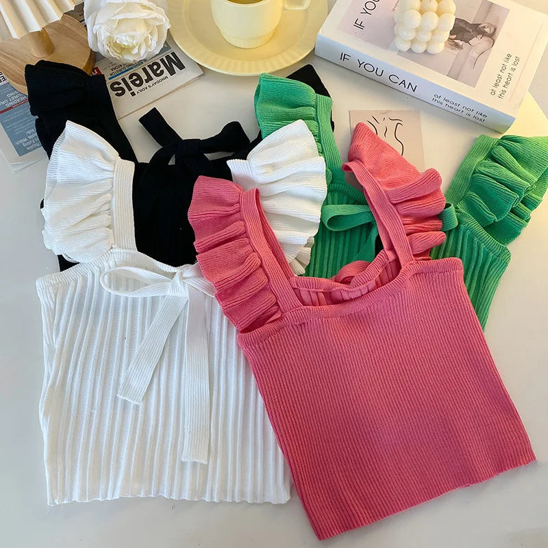 ELASTIC WAIST RUFFLE KNITED TANK TOP