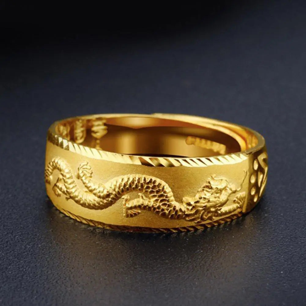 24k Gold for Man Luxury Engraving Dragon Adjustable Fashion Jewelry Male Two Color Yellow/White Gold Finger Gift C2S3