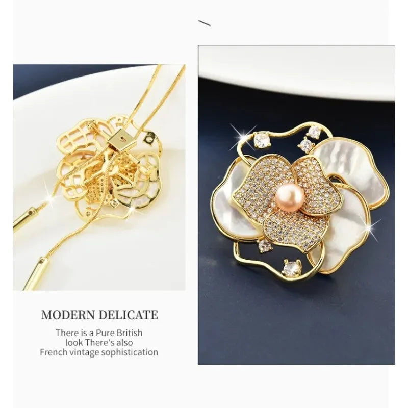 Women with long necklaces and camellias and roses, sweater chains and brooches, fashionable clothing necklaces, retro necklaces