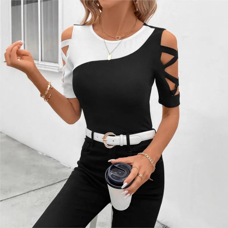 COLOR BLOCK CROSS OFF SHOULDER BOTTOM