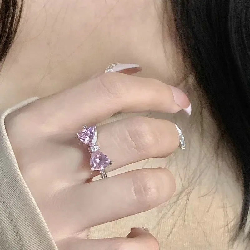 Korean Fashion Exquisite Purple Zircon Heart Star Ring Y2K Girls Pink Crystal Bow Knot Ring Women Party Dating Jewelry Gifts