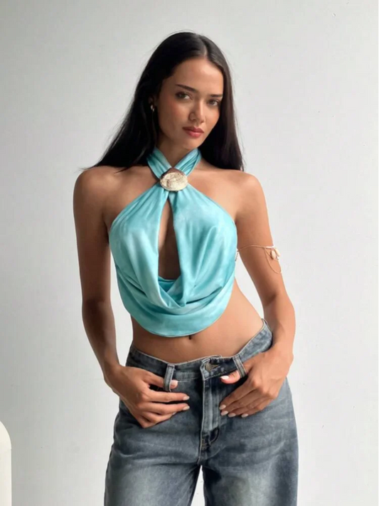 BLUE HALTER VESTIDOS CHIC SHELL FANSCY TOP