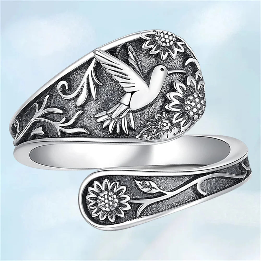 Hummingbird Sunflower Pattern Ring Bird Open Ring for Women Men Sterling Silver Adjustable Rings Party Wedding Jewelry Gifts