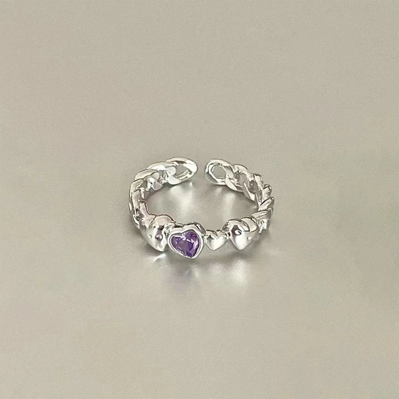 Korean Fashion Exquisite Purple Zircon Heart Star Ring Y2K Girls Pink Crystal Bow Knot Ring Women Party Dating Jewelry Gifts