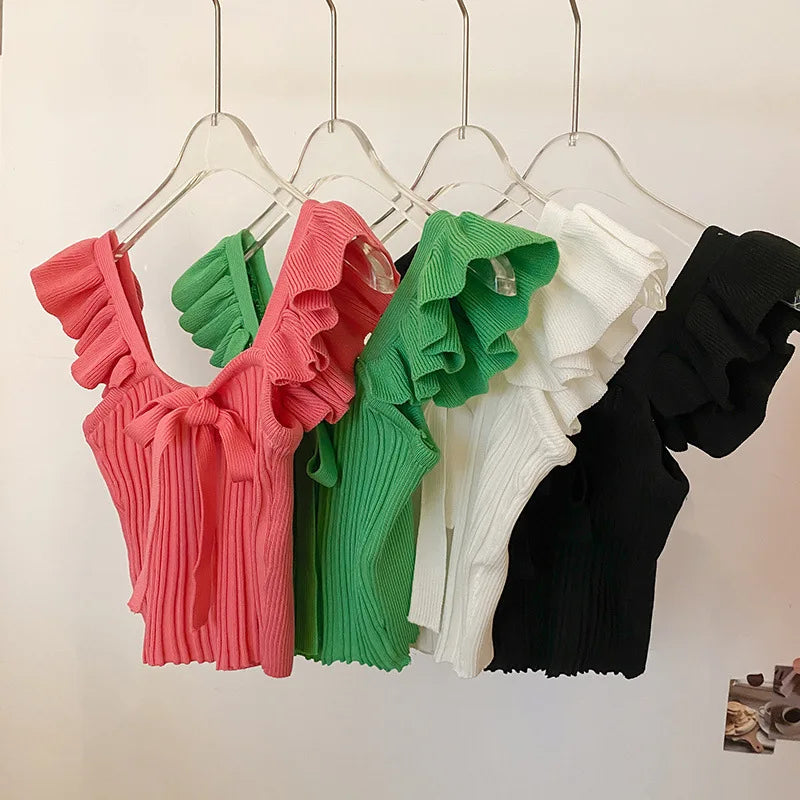 ELASTIC WAIST RUFFLE KNITED TANK TOP