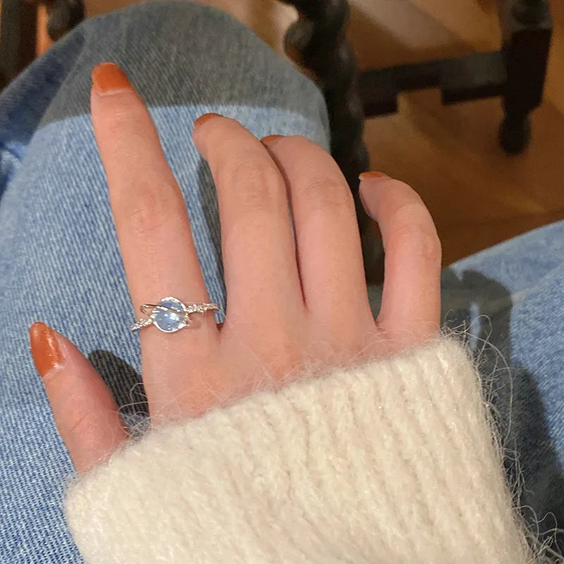 Fashion Romantic Sweet Zircon Crystal Bow Knot Rings Y2K Girls Women Delicate Lovely Blue Pink Heart Ring Party Dating Jewelry
