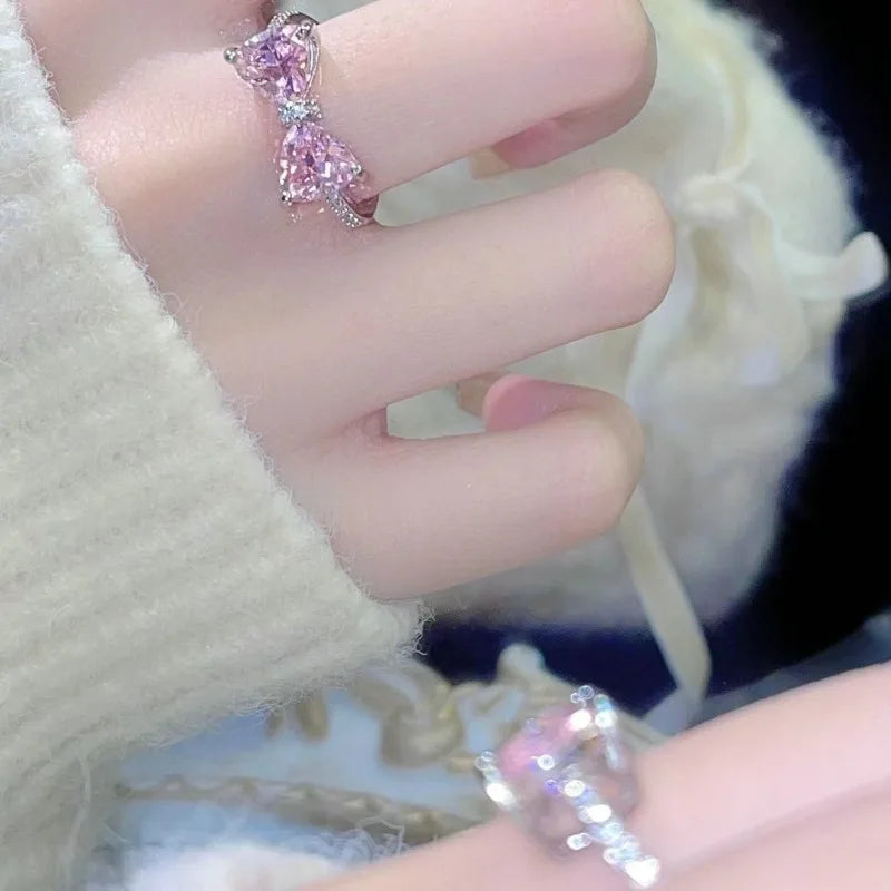 Korean Fashion Exquisite Purple Zircon Heart Star Ring Y2K Girls Pink Crystal Bow Knot Ring Women Party Dating Jewelry Gifts