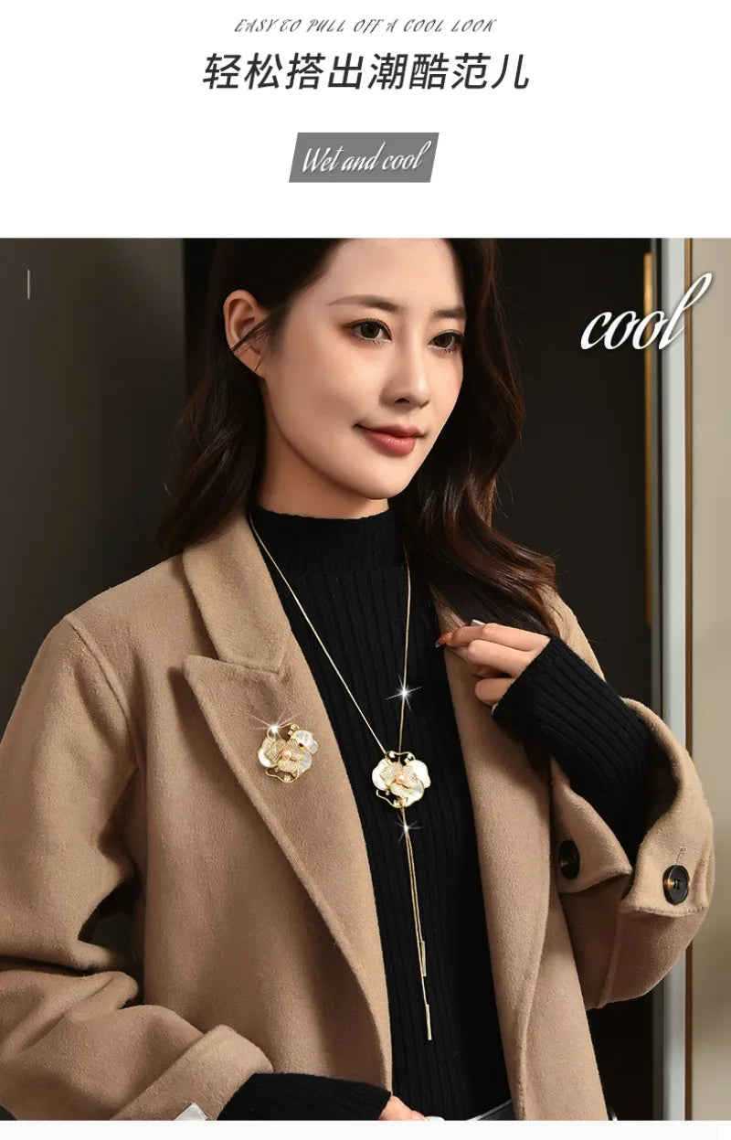 Women with long necklaces and camellias and roses, sweater chains and brooches, fashionable clothing necklaces, retro necklaces