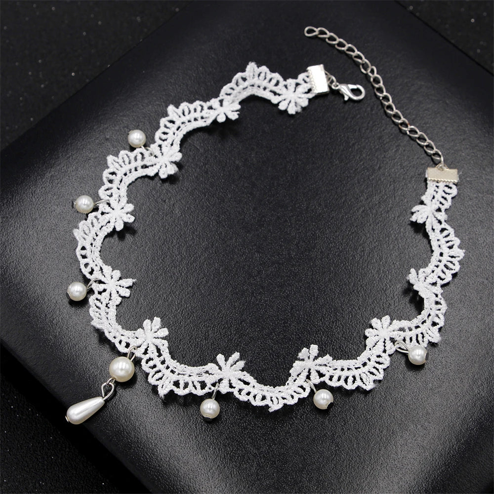 White Lace Pearl Collar Necklace For Women Girl Elegant Sweet Lace Choker Necklace Kpop Neck Jewelry Accessories Gift